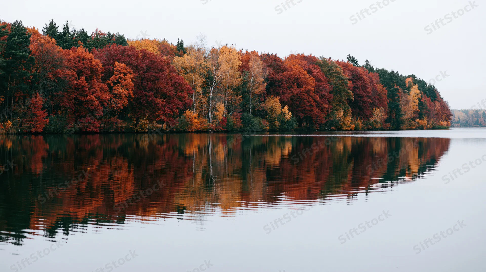 Autumn forest treeline reflected in calm lake water
