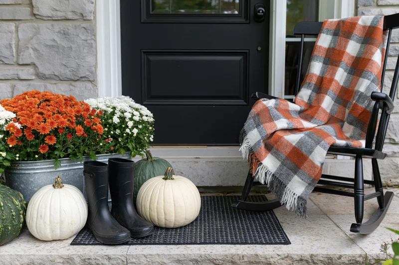 Autumn front porch decorated with white and green pumpkins, orange and white mums, black rainboots, and a plaid blanket on a rocking chair