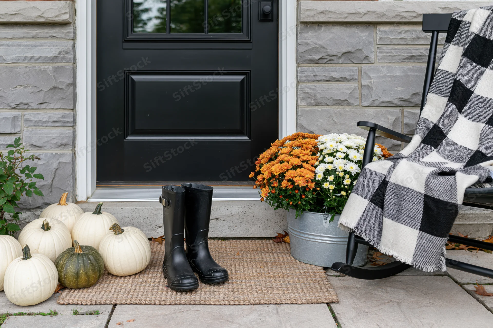 Autumn front porch decorated with white and green pumpkins, black boots, and flowers beside a rocking chair with a checkered blanket