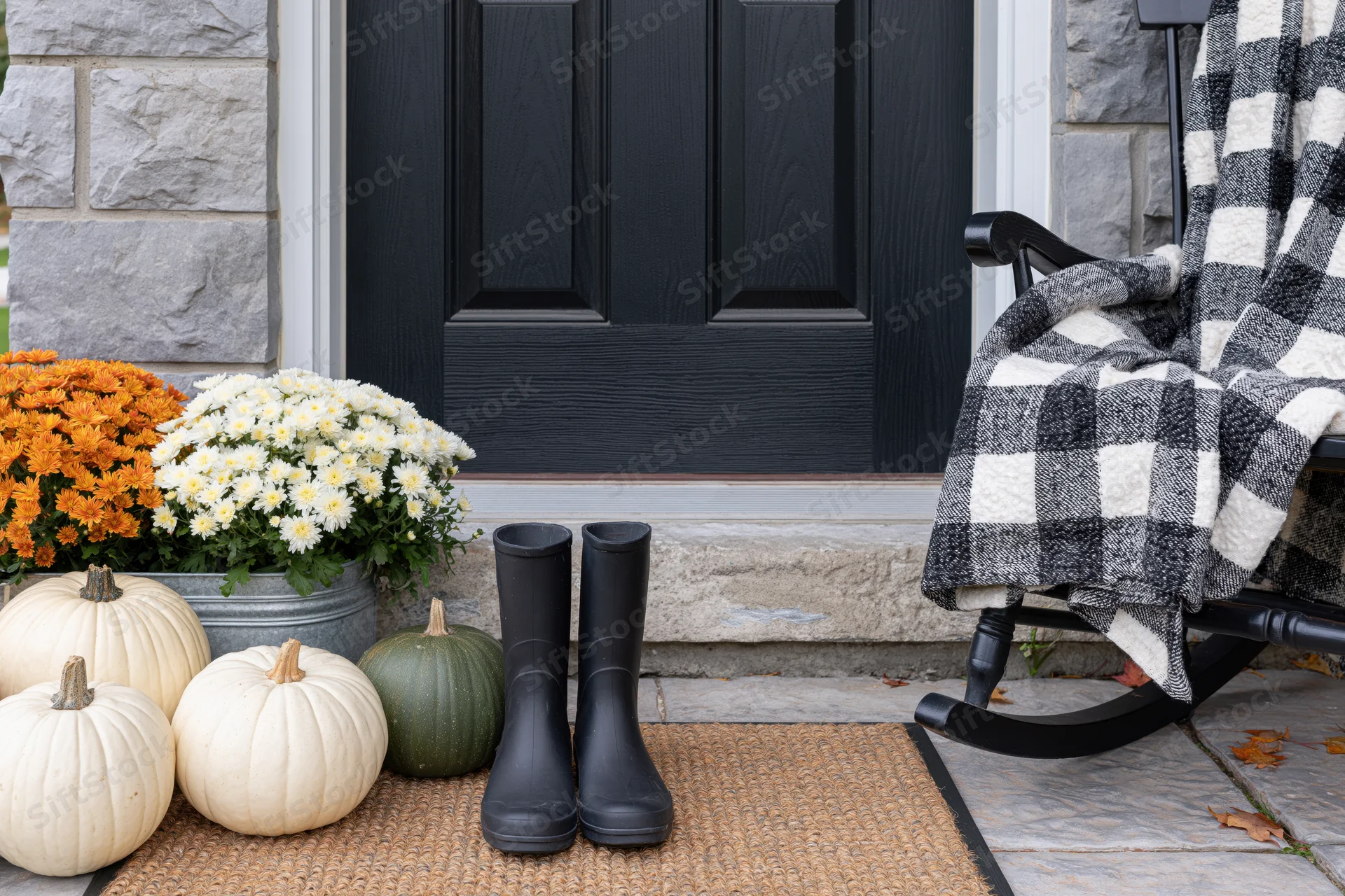 Autumn-decorated front porch with white and green pumpkins, flowers, and rocking chair draped in checkered blanket