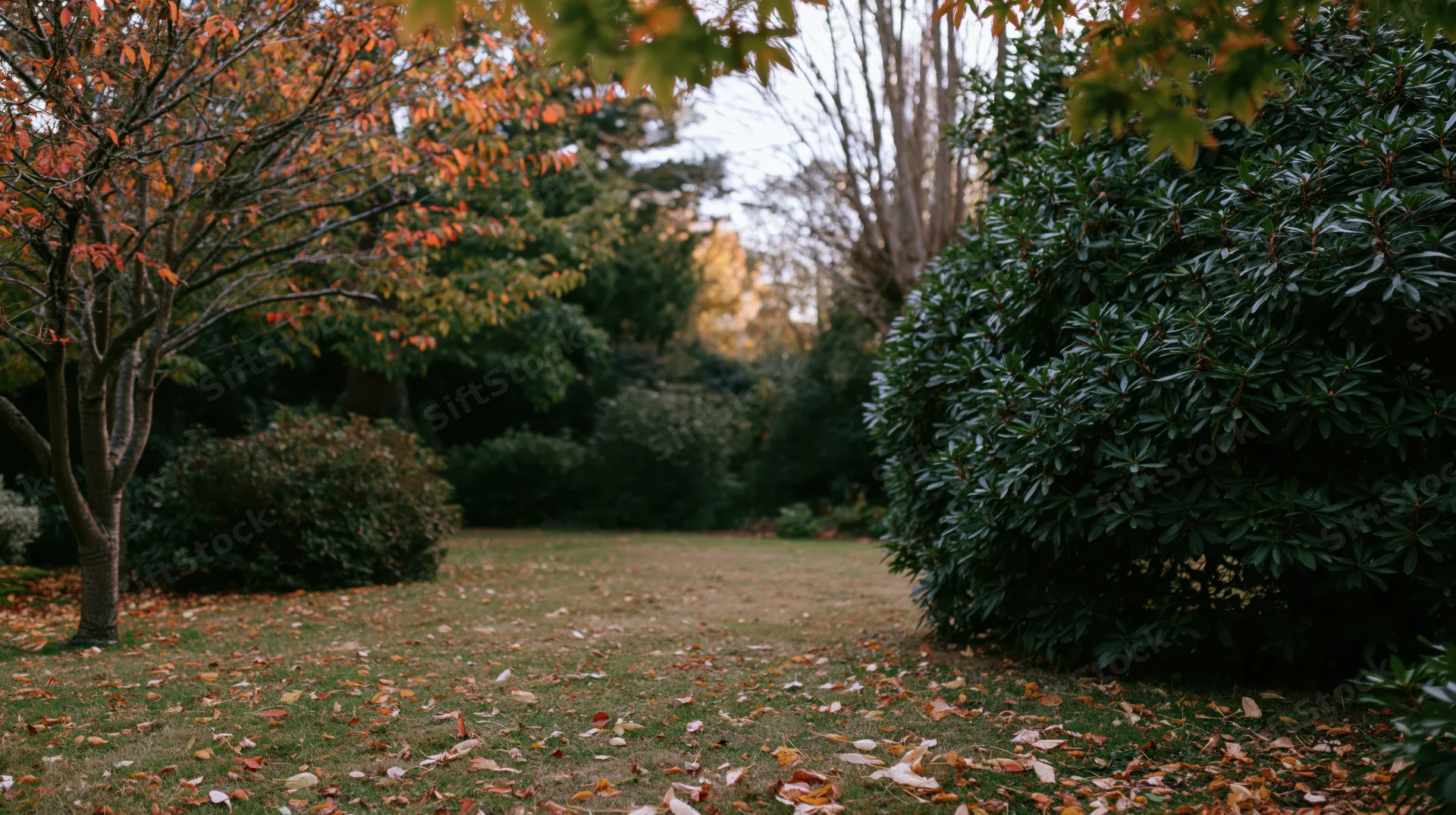 Autumn garden corner with fallen leaves scattered across short grass and surrounded by trees and shrubs