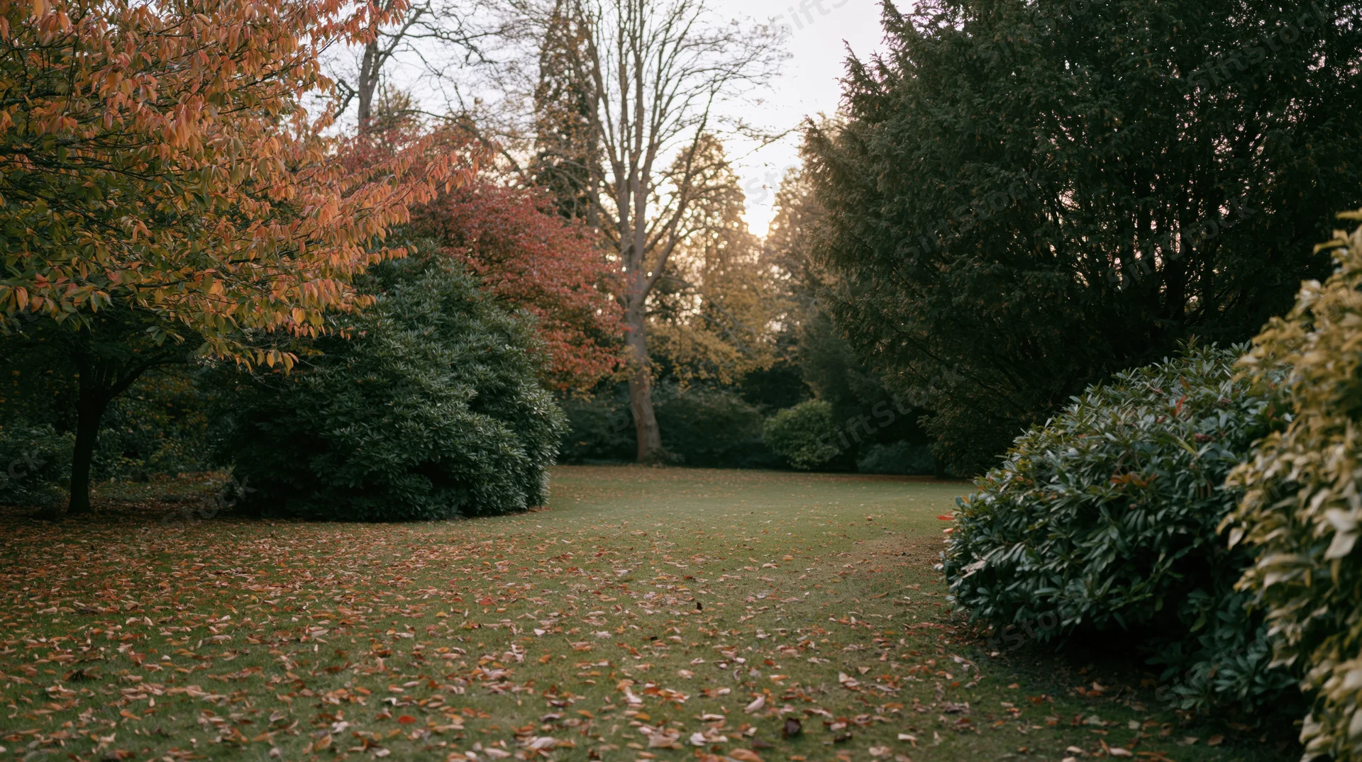 Autumn garden corner with fallen leaves scattered across short grass and surrounded by trees and shrubs