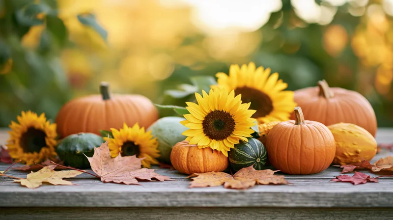 Pumpkins and sunflowers arranged with gourds and autumn leaves on a wooden table outdoors