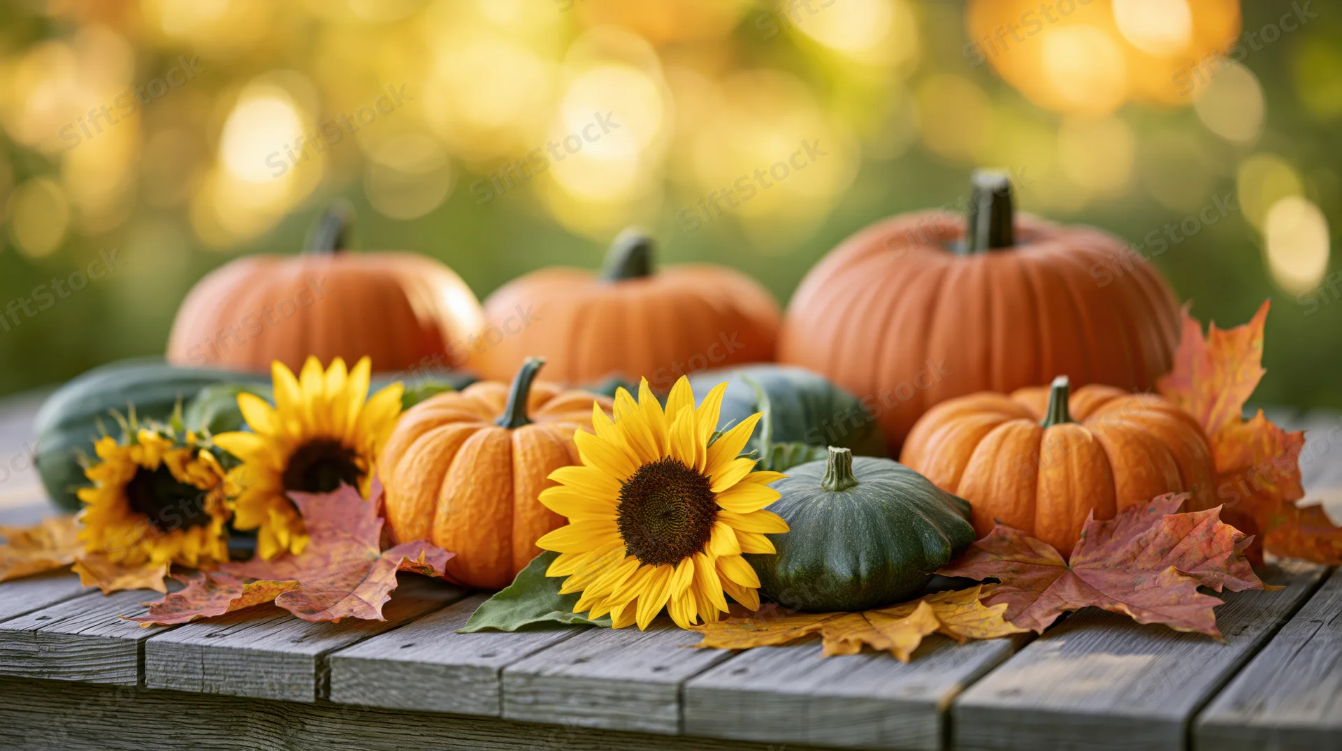 Pumpkins and gourds arranged with sunflowers and autumn leaves on a wooden table