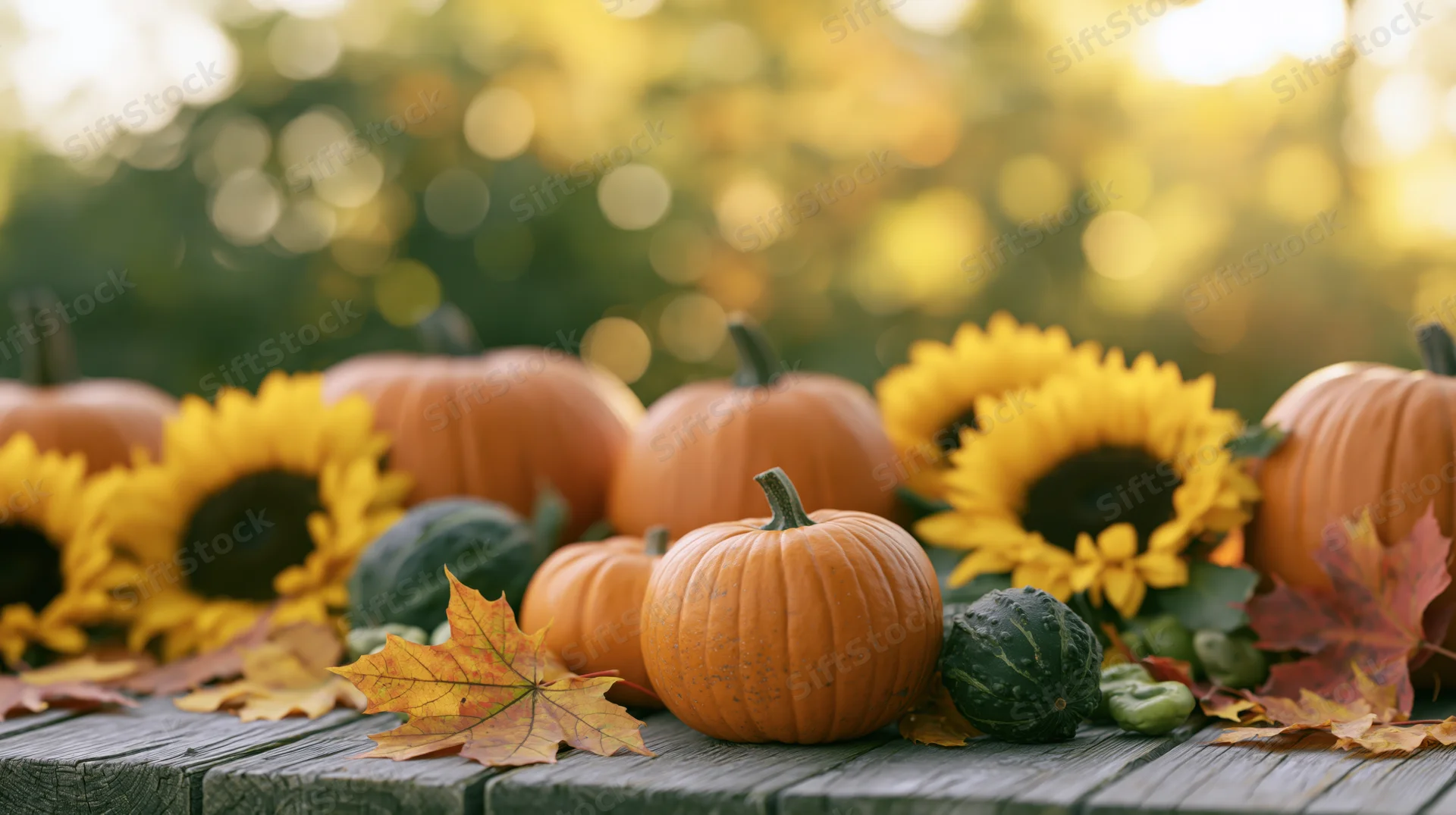 Pumpkins and sunflowers arranged with gourds and autumn leaves on a wooden table outdoors
