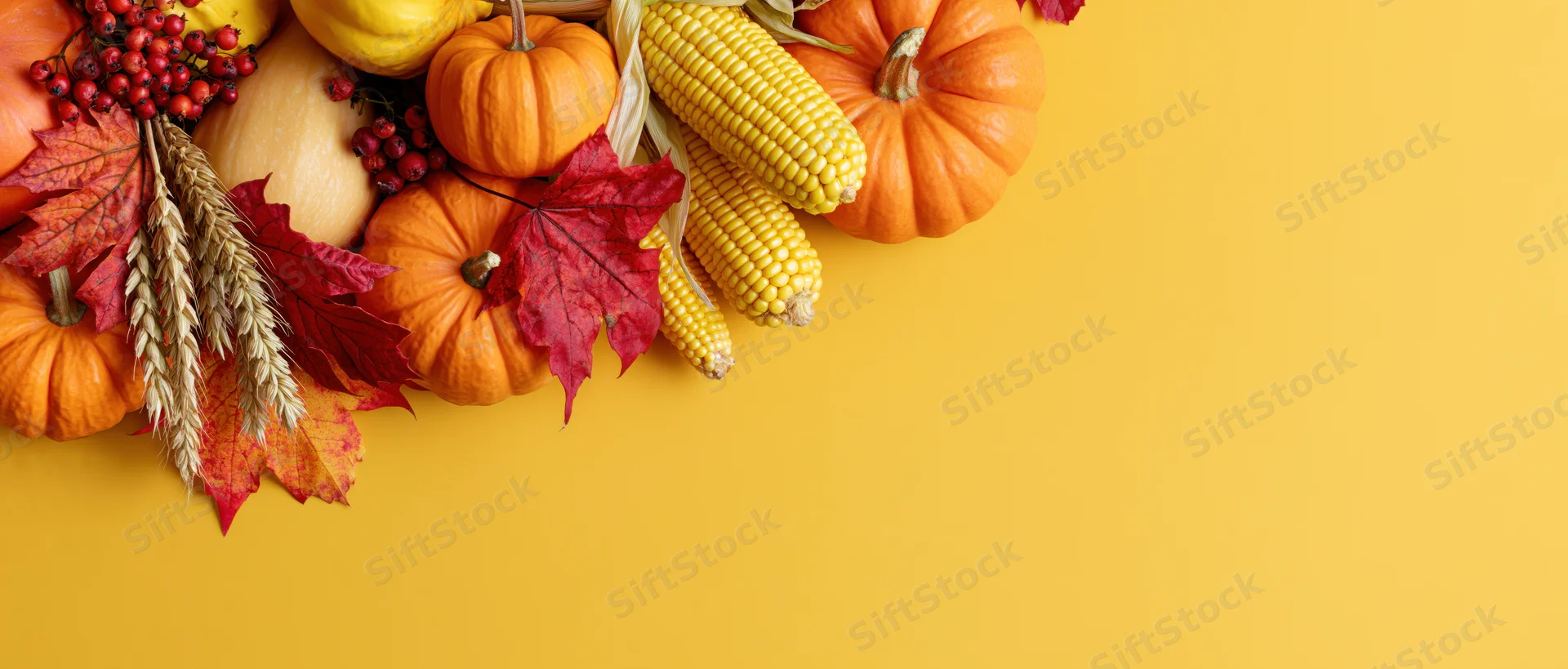 Autumn harvest arrangement of pumpkins, squash, corn cobs, red leaves, and wheat on yellow background