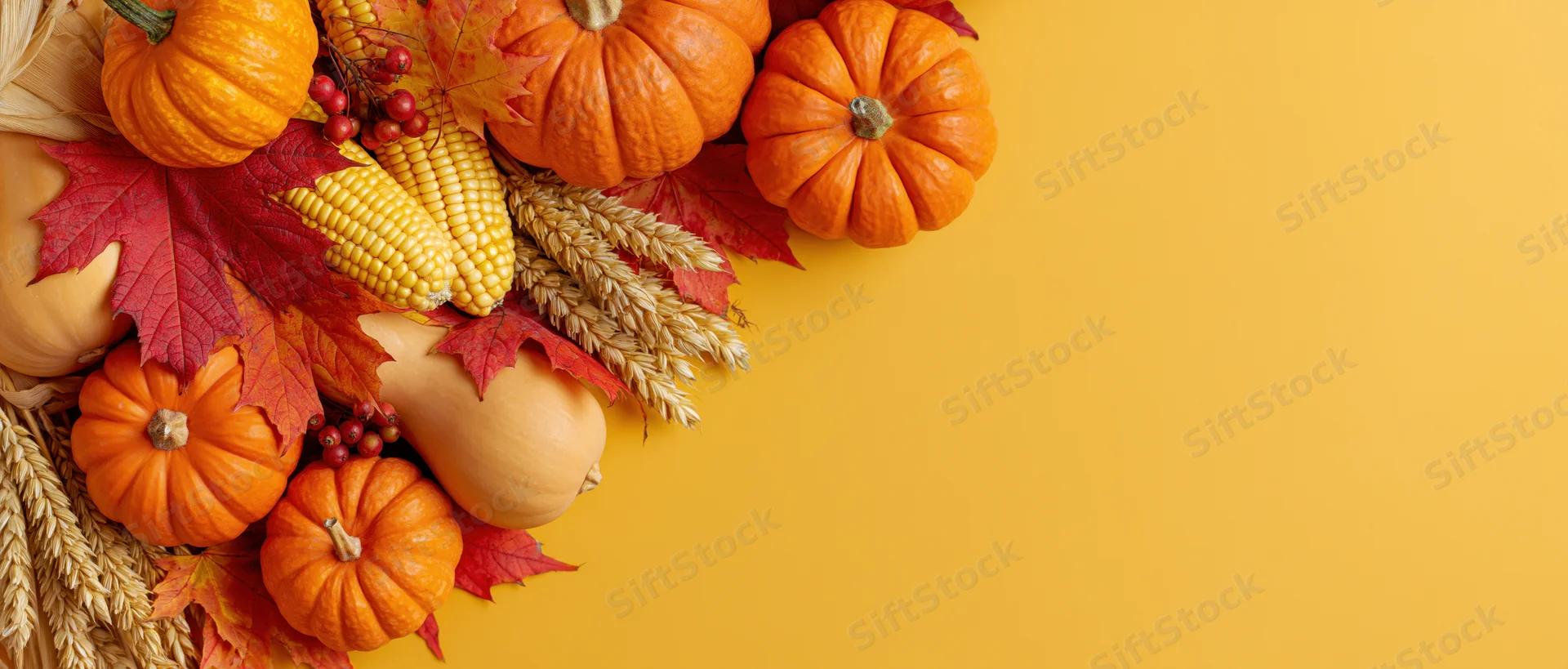 Autumn harvest arrangement of pumpkins squash corn cobs and red leaves on yellow background