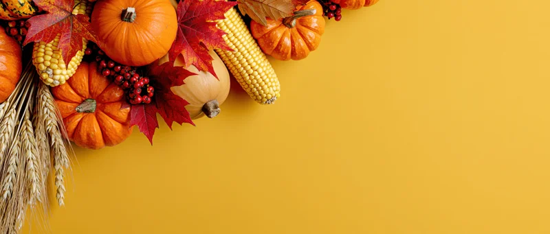 Autumn harvest arrangement of pumpkins, squash, corn cobs, red leaves and wheat on yellow background with copyspace
