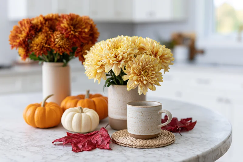 Autumn harvest arrangement with chrysanthemums, pumpkins, and red leaves on a white marble kitchen island