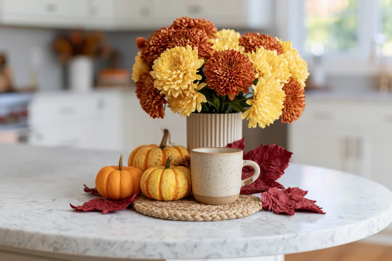 Autumn harvest arrangement with chrysanthemums, pumpkins, and leaves on a white marble kitchen island