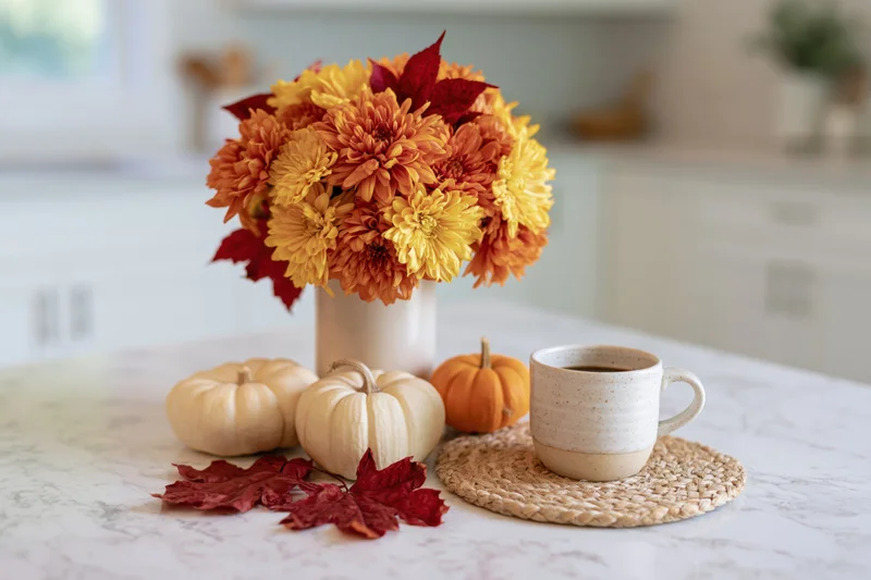 Autumn harvest arrangement with chrysanthemums and pumpkins on a white marble kitchen island