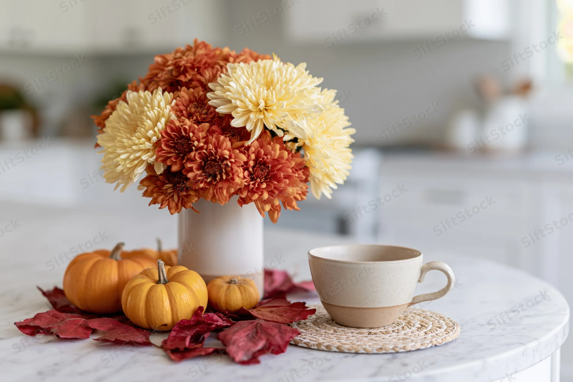 Autumn harvest arrangement with chrysanthemums, pumpkins and leaves on a white marble kitchen island
