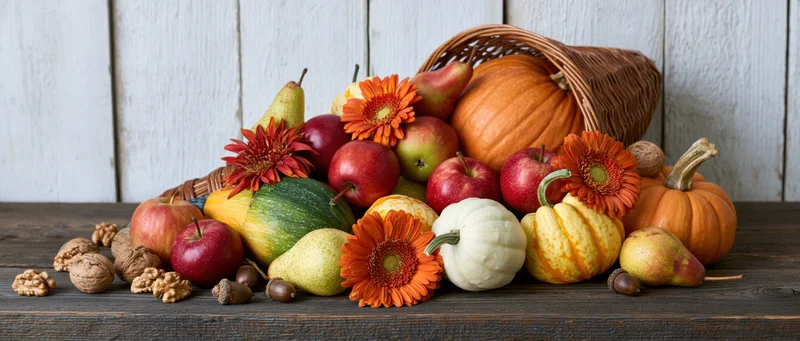 Autumn harvest cornucopia arrangement with pumpkins, apples, pears, walnuts, and flowers on a rustic wooden table