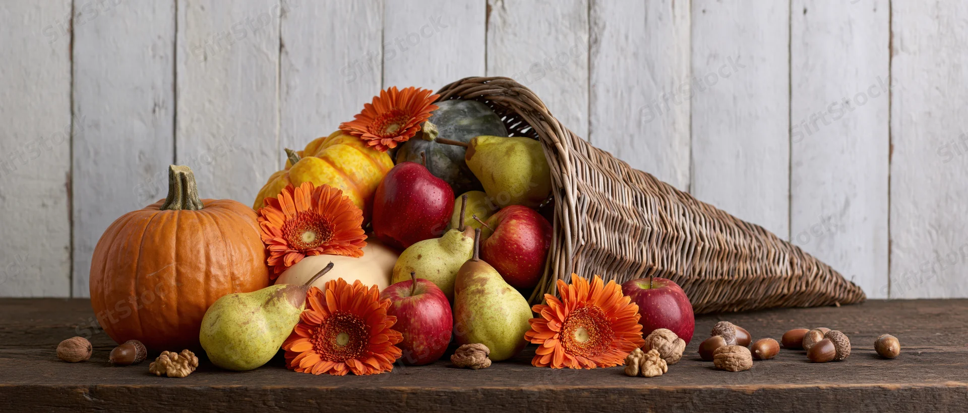 Cornucopia overflowing with pumpkins, apples, pears, flowers and nuts on a rustic wooden table