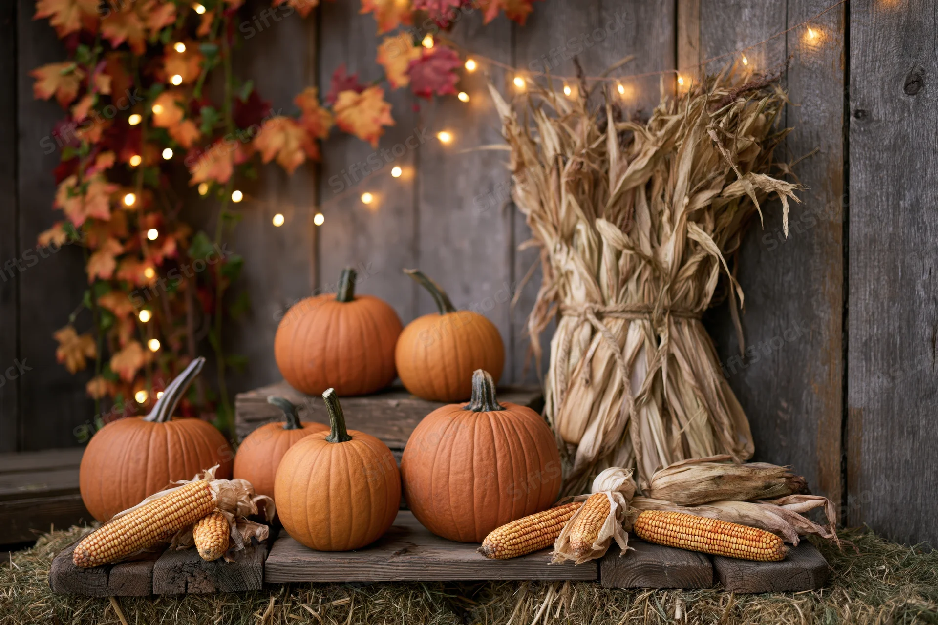 Pumpkins and corn arranged on wooden planks against a weathered barn wall with autumn leaves and string lights