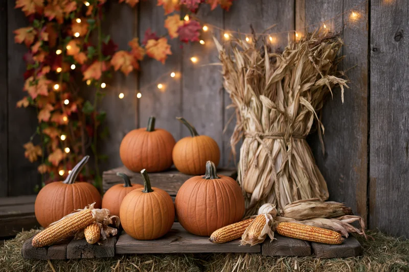 Pumpkins and corn arranged on wooden planks against a weathered barn wall with autumn leaves and string lights