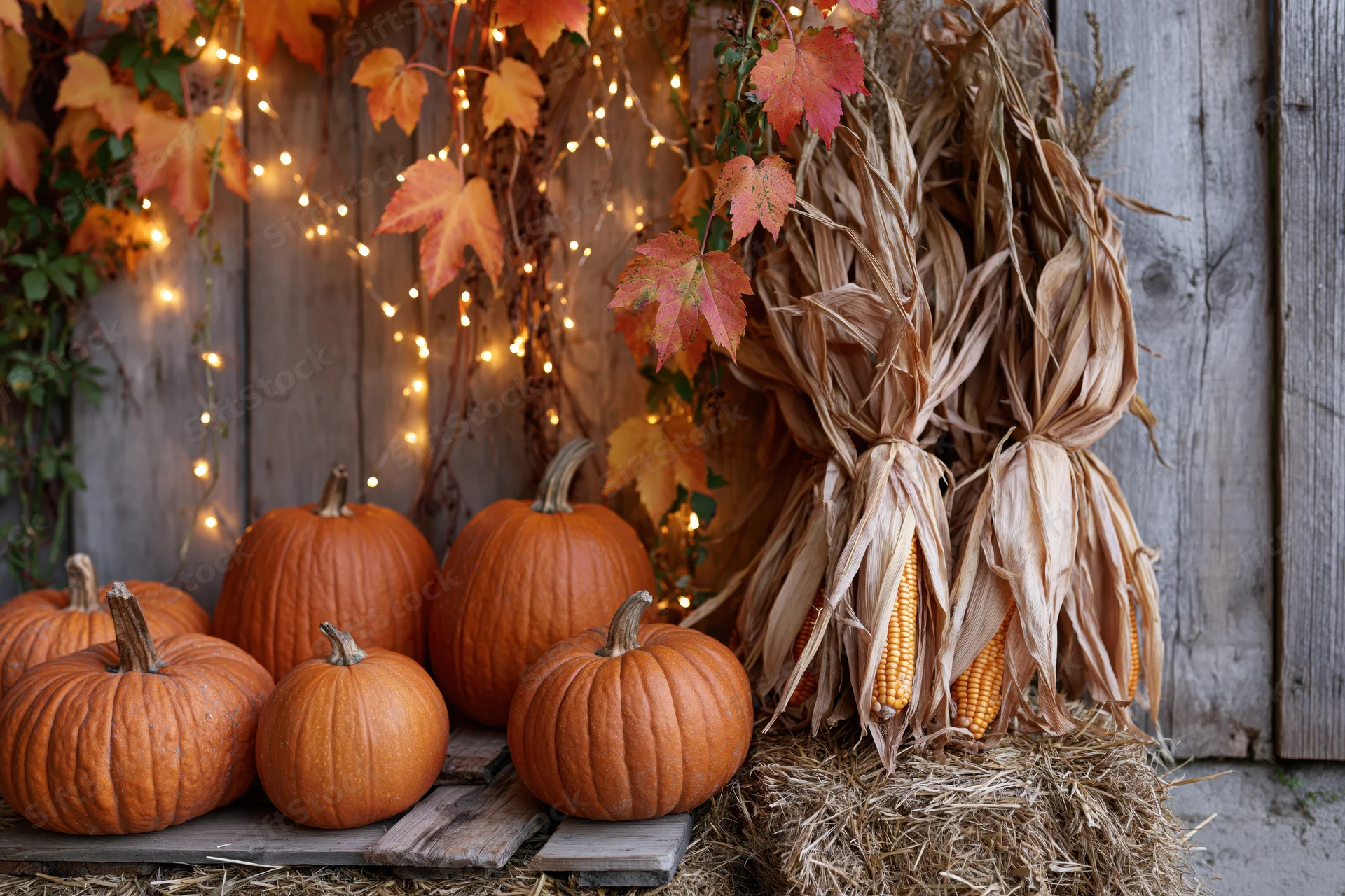Pumpkins and cornstalks arranged with hay and string lights against a weathered wooden barn wall