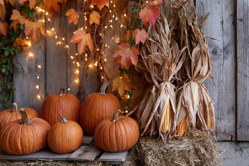 Pumpkins and cornstalks arranged with hay and string lights against a weathered wooden barn wall