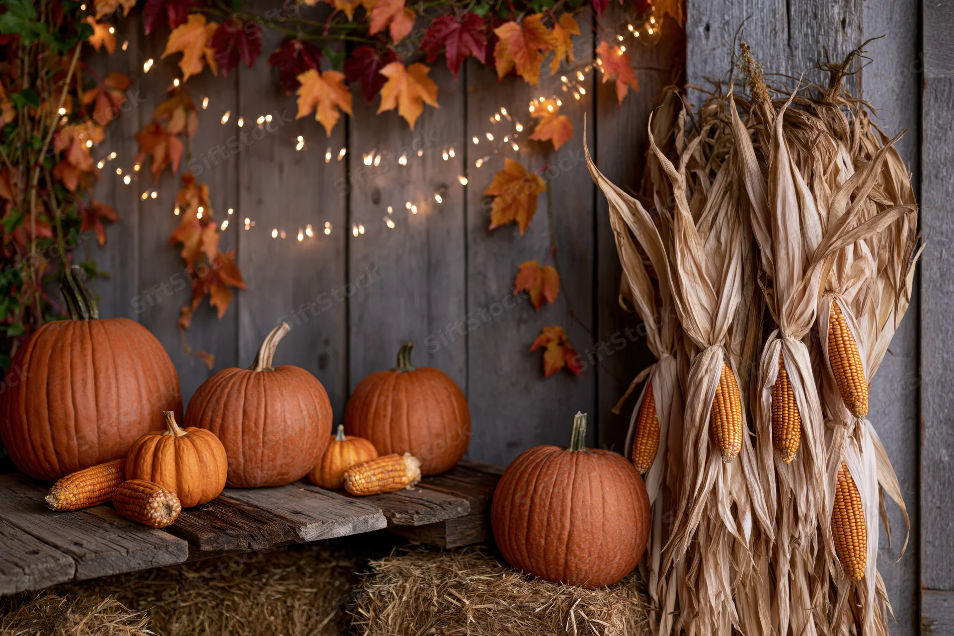 Pumpkins and corn stalks arranged on hay bales against a weathered wooden barn wall with autumn leaves and string lights