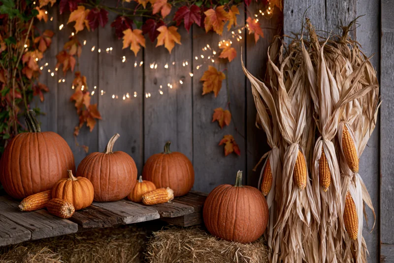 Pumpkins and corn stalks arranged on hay bales against a weathered wooden barn wall with autumn leaves and string lights
