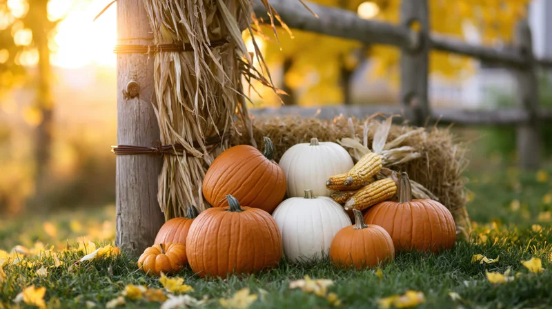 Pumpkins and corn arranged beside a hay bale on a grassy lawn near a wooden fence in autumn sunlight