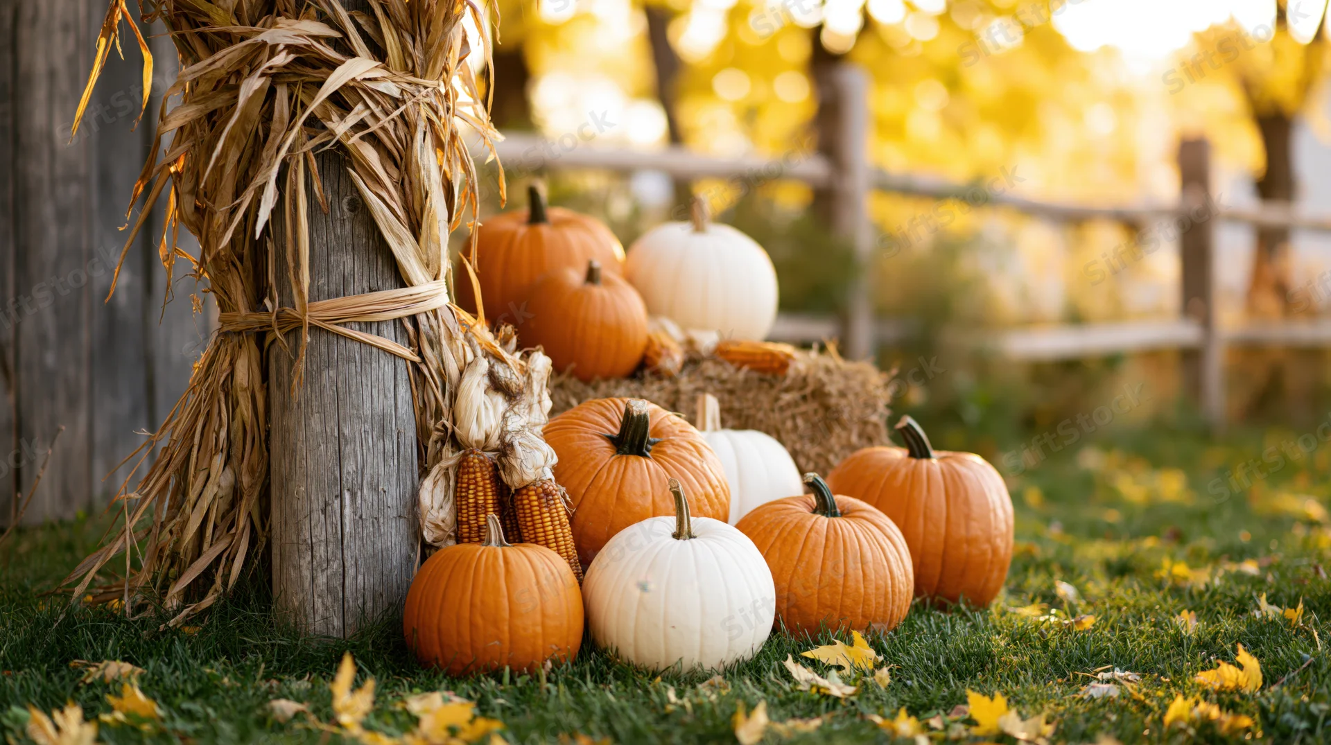 Pumpkins and cornstalks arranged on grass beside a wooden fence in a rural autumn setting