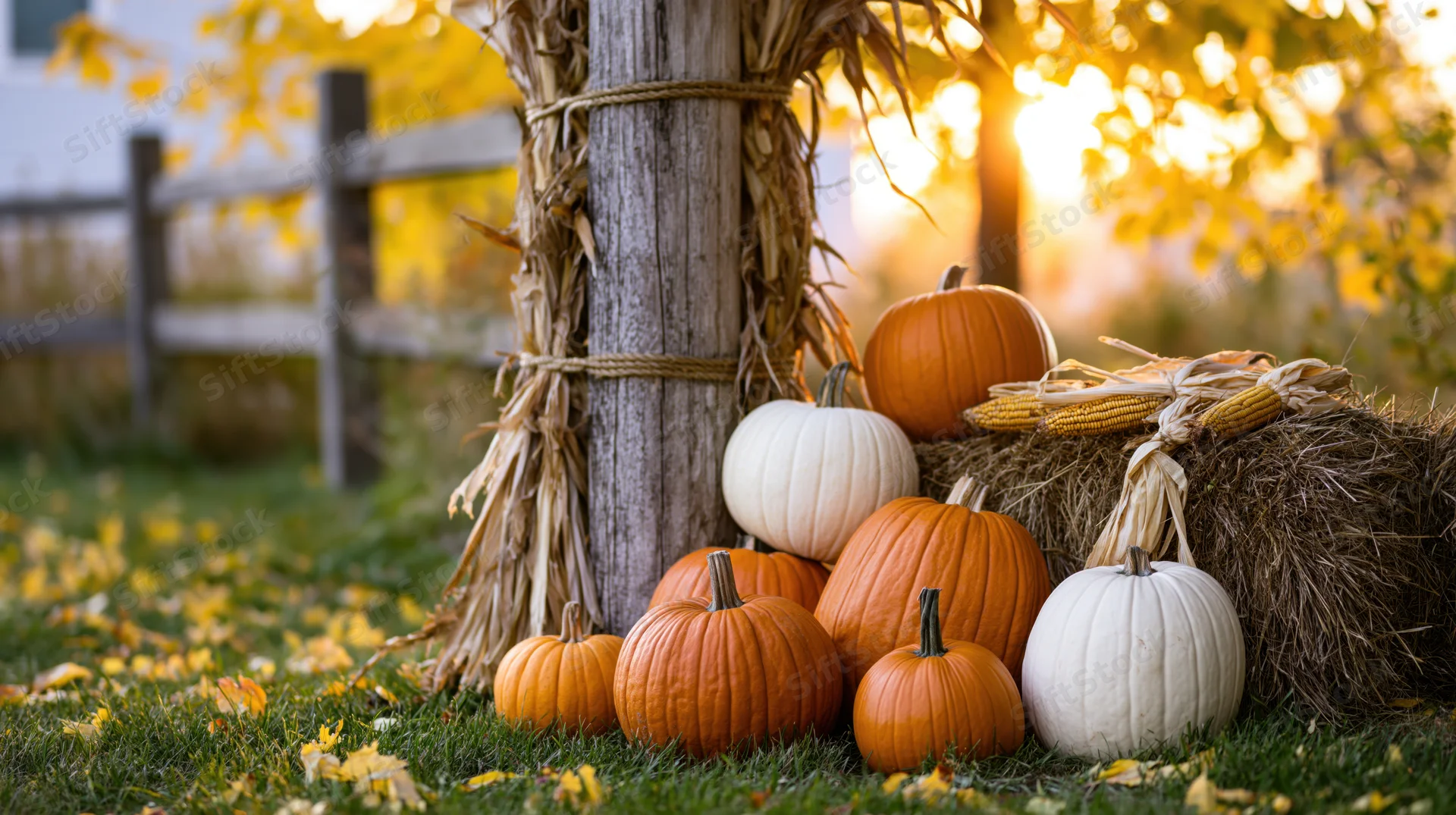 Pumpkins and corn arranged beside a haybale on a grassy lawn near a wooden fence with autumn foliage in the background