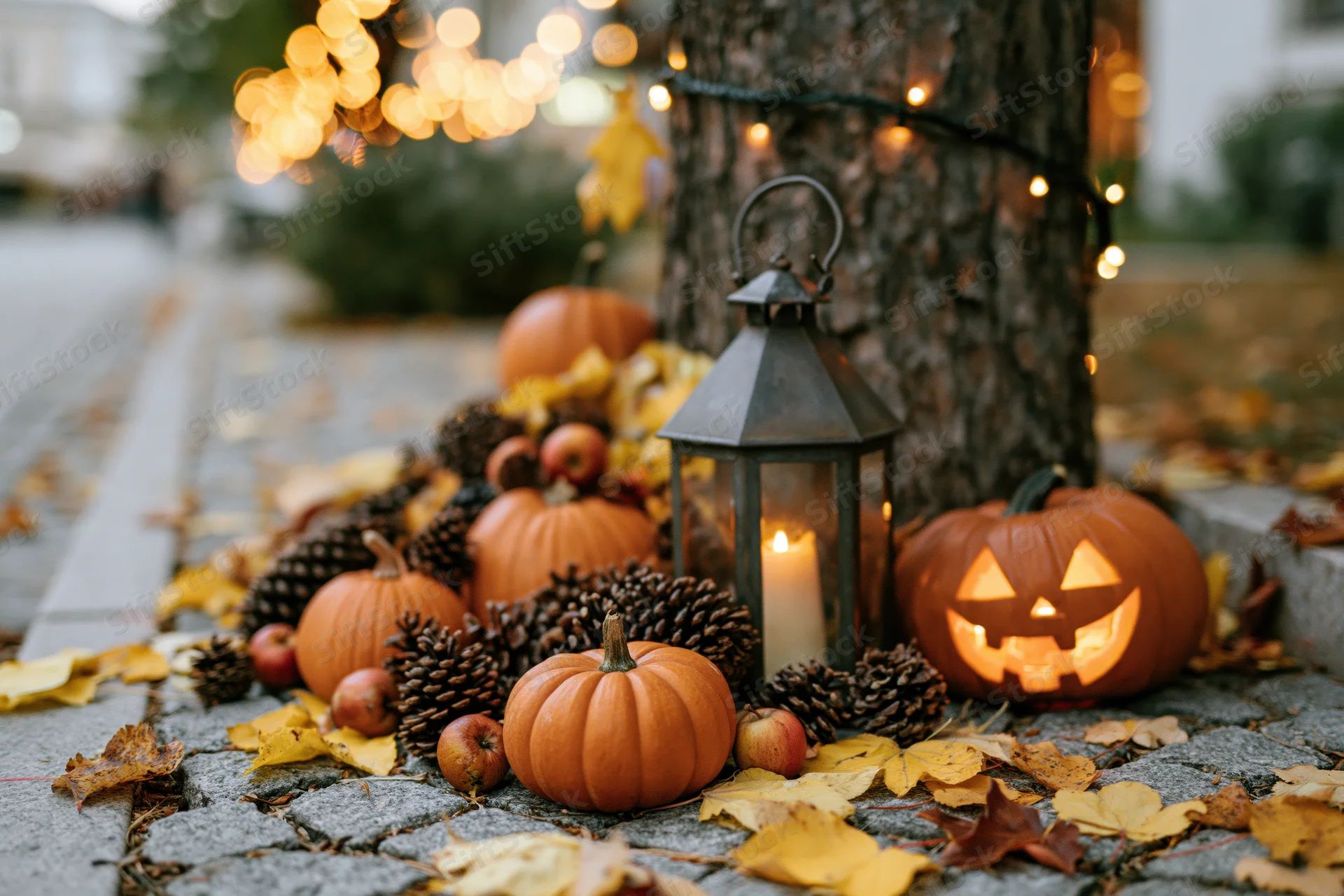 Carved pumpkin and lantern with pinecones and apples arranged on cobblestone pathway beside tree at evening