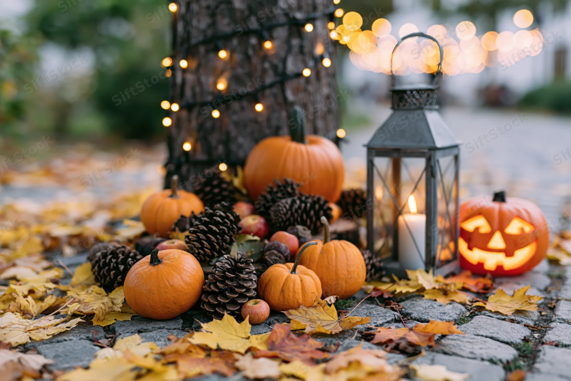 Carved pumpkin and lantern with pumpkins, pinecones and leaves on stone pathway beside tree with string lights