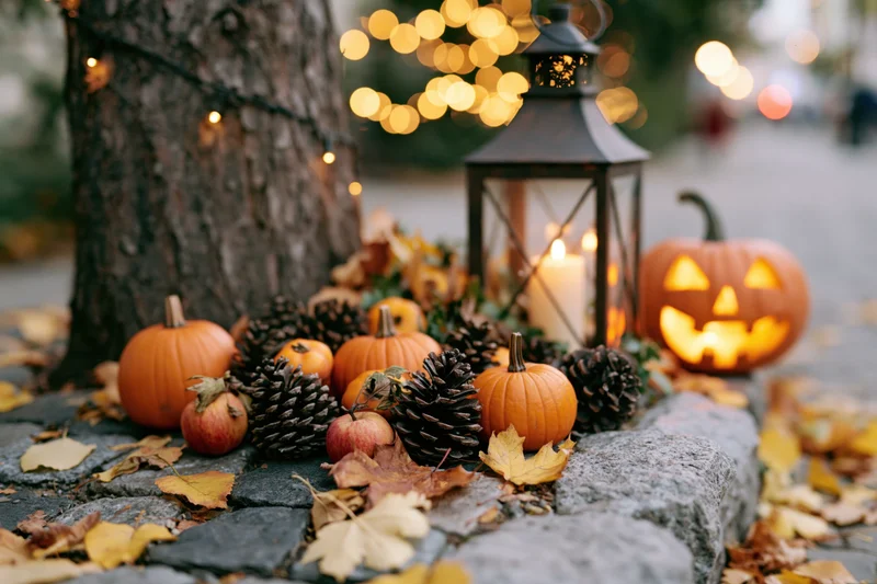 Carved pumpkin and lantern glowing beside stone path with autumn leaves and pinecones