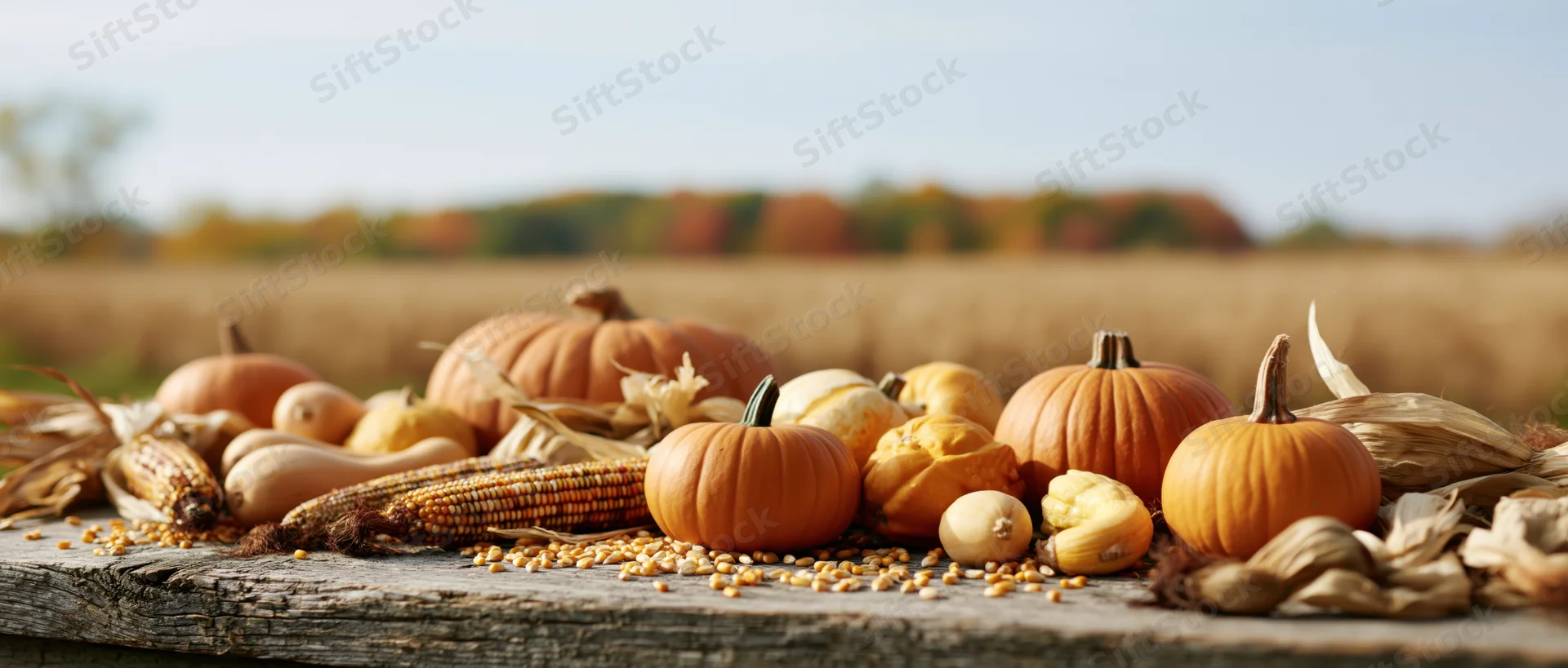 Pumpkins and gourds arranged with dried corn cobs on a wooden table in a field during autumn
