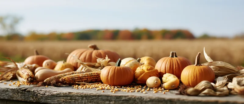 Pumpkins and gourds arranged with dried corn cobs on a wooden table in a field during autumn