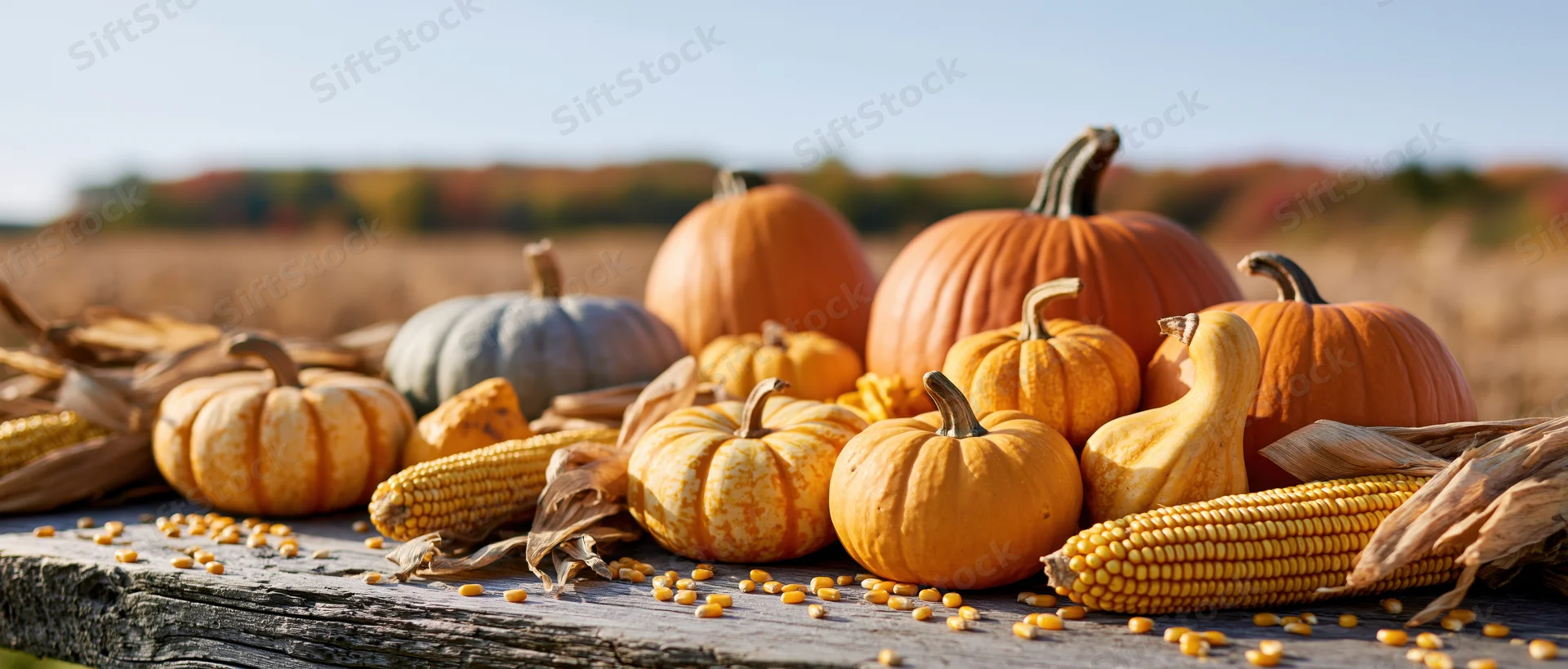 Pumpkins and gourds arranged with dried corn cobs on a wooden table in a field during autumn harvest