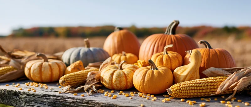 Pumpkins and gourds arranged with dried corn cobs on a wooden table in a field during autumn harvest