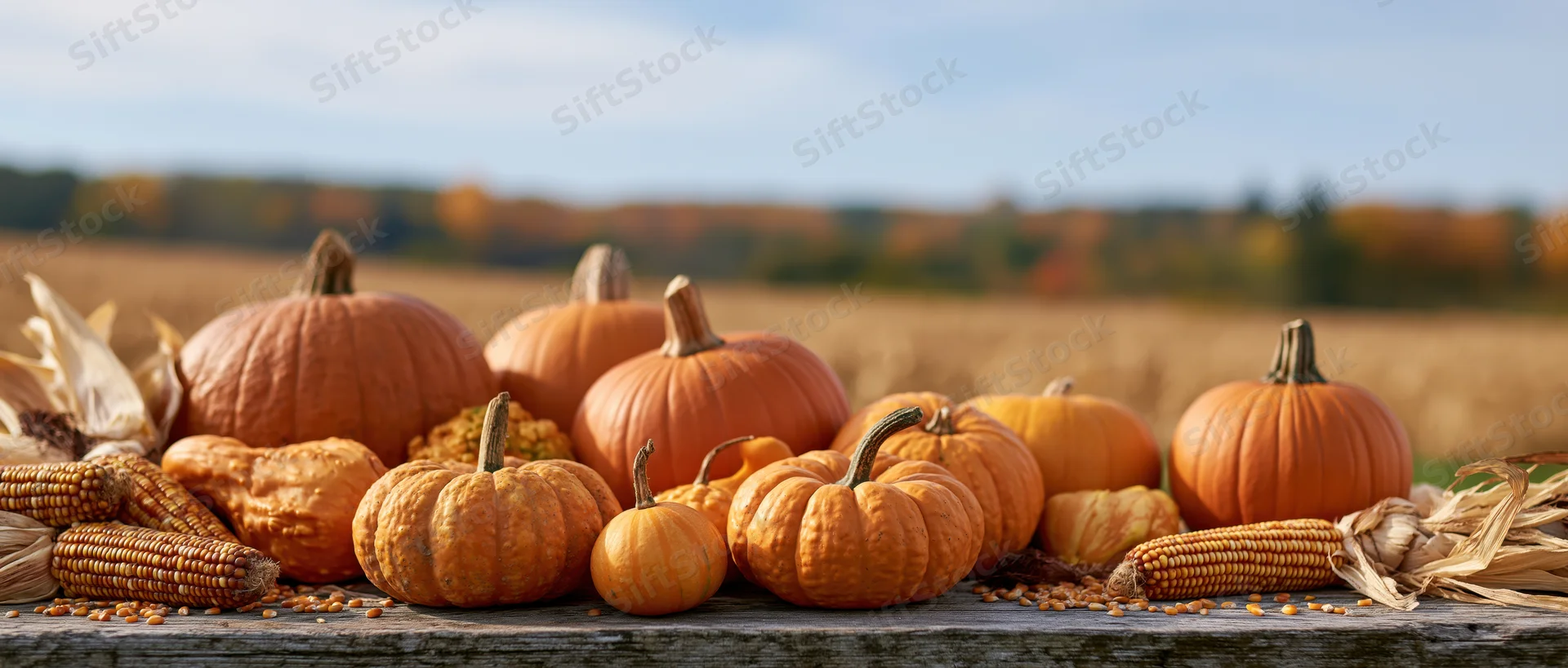 Pumpkins and gourds arranged with dried corn cobs on a wooden table in a field during autumn