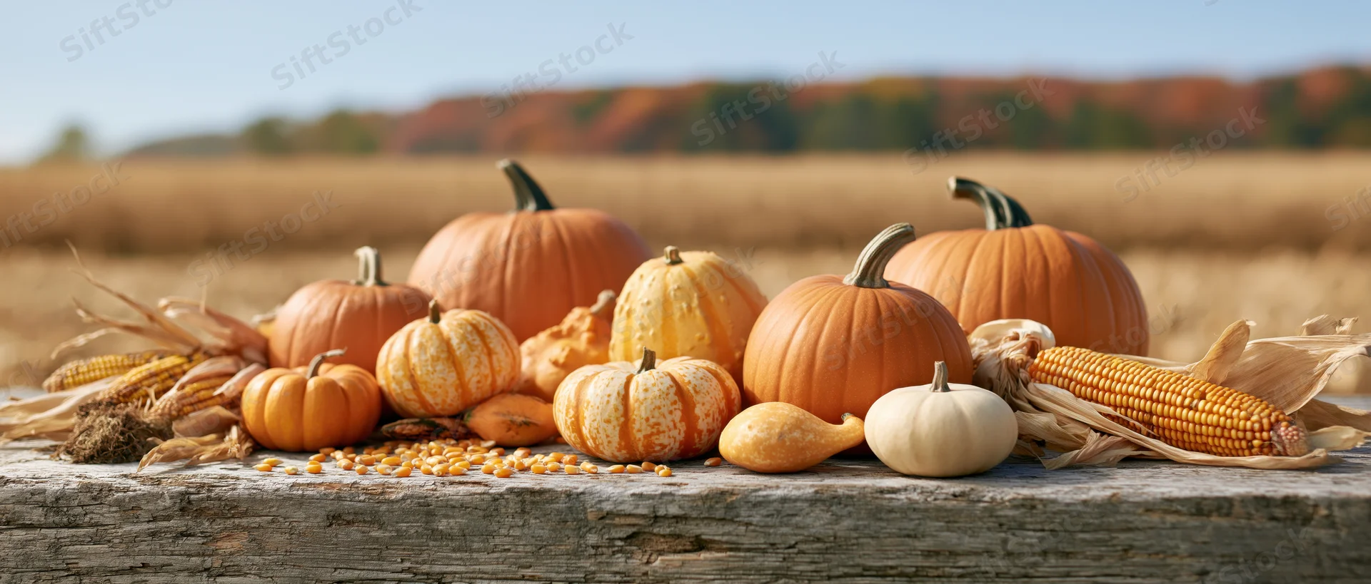 Pumpkins and gourds arranged with dried corn cobs on a wooden table in a field during autumn harvest
