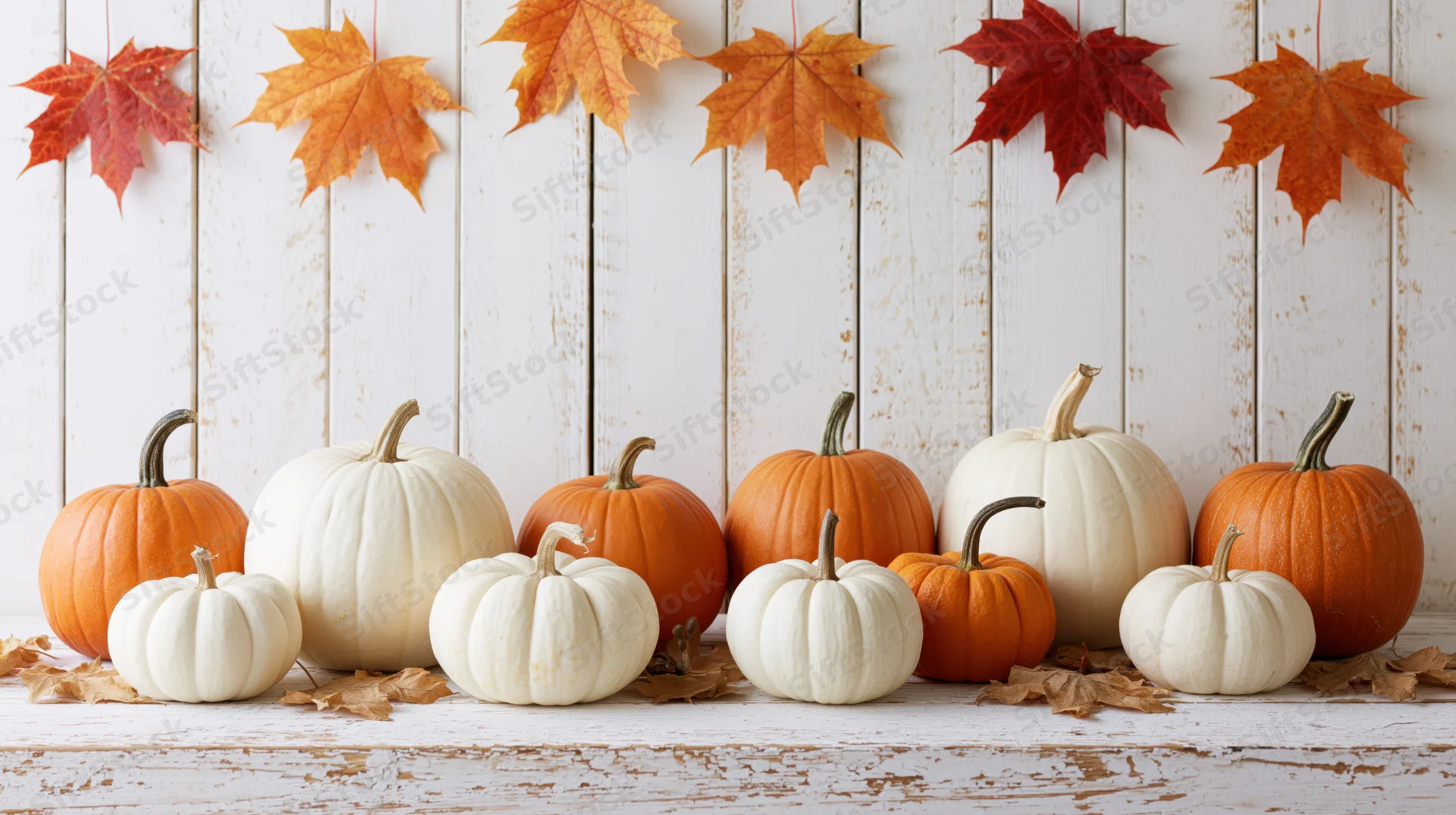 White and orange pumpkins arranged on a rustic wooden table with maple leaves hanging above