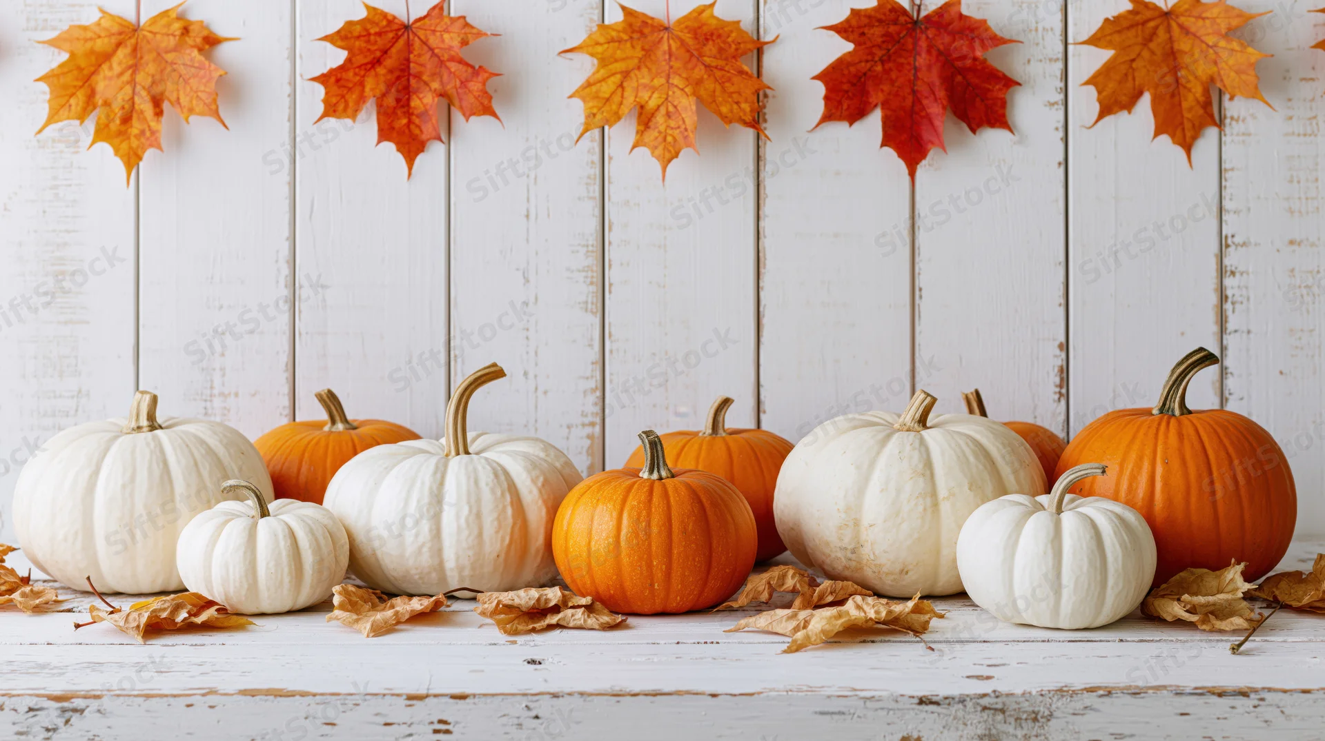 White and orange pumpkins arranged on a whitewashed wooden table with maple leaves above