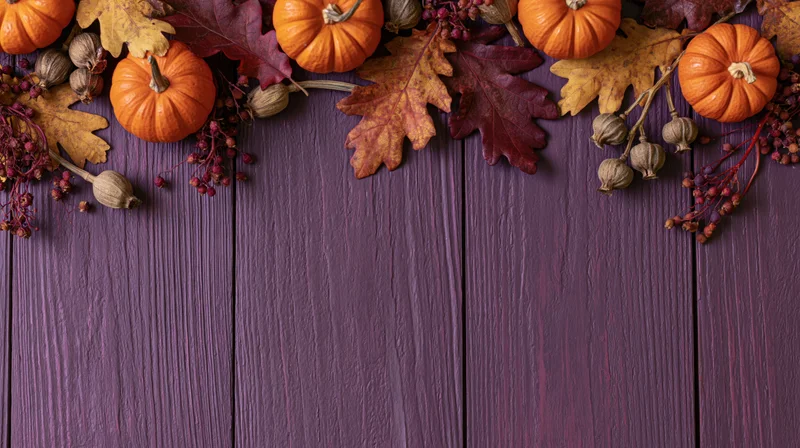 Autumn harvest flat lay with pumpkins, leaves and berries arranged along the top edge of a purple wooden table