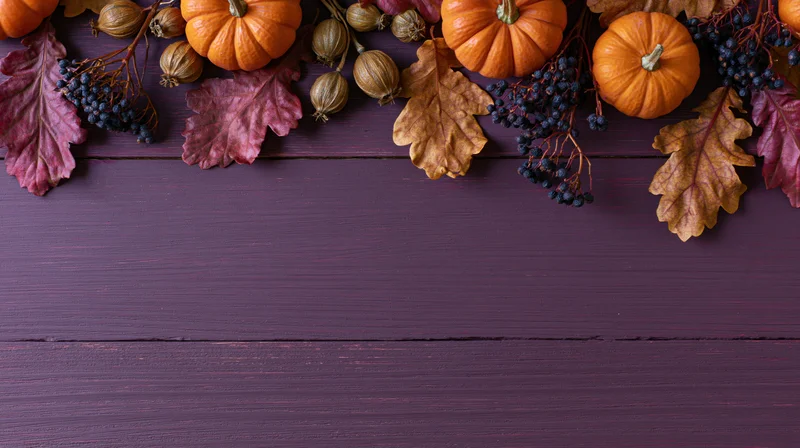 Autumn harvest flat lay with pumpkins, leaves and berries arranged along the top edge of a purple wooden table