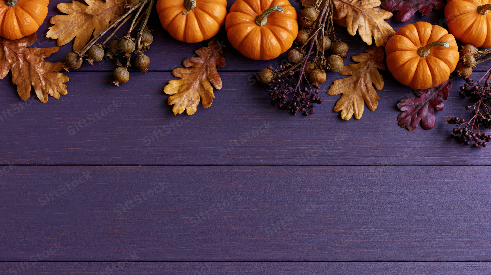 Autumn harvest flat lay with pumpkins and leaves arranged along the top edge of a purple wooden table