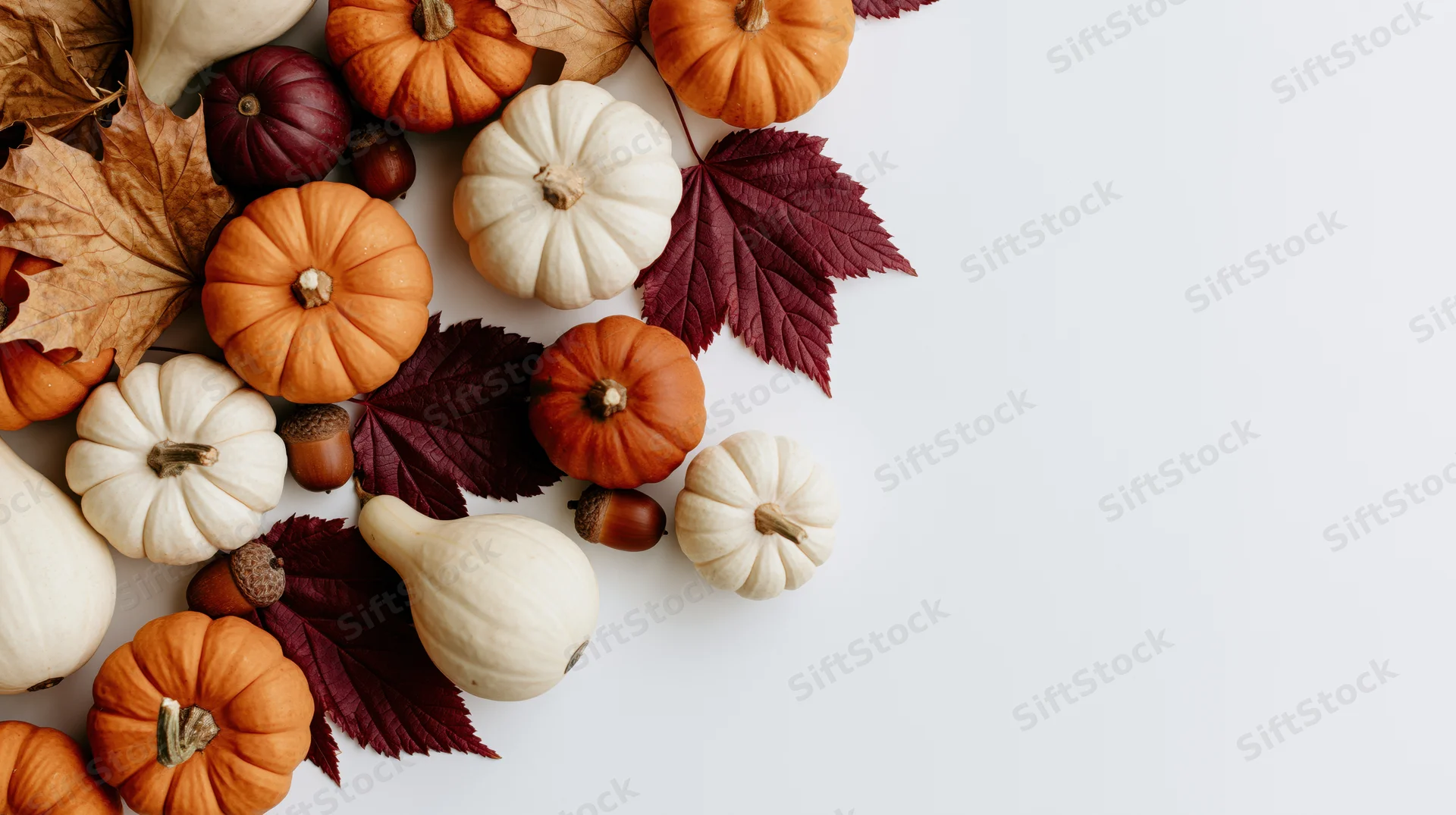 Small pumpkins and autumn leaves arranged in a flat lay on white surface with copyspace