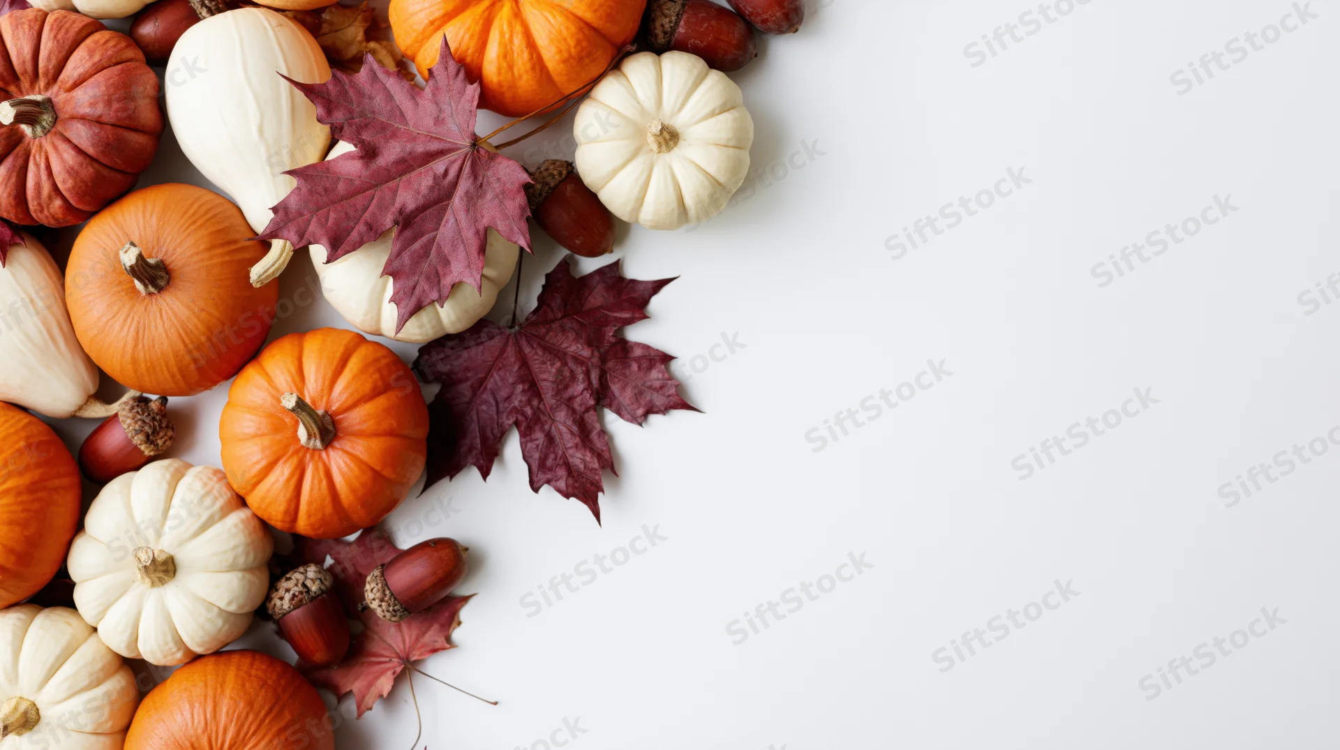 Small pumpkins and autumn leaves arranged in corner on white surface