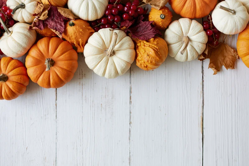 Small orange and white pumpkins arranged with red berries and autumn leaves on a white wooden table in a flat lay composition