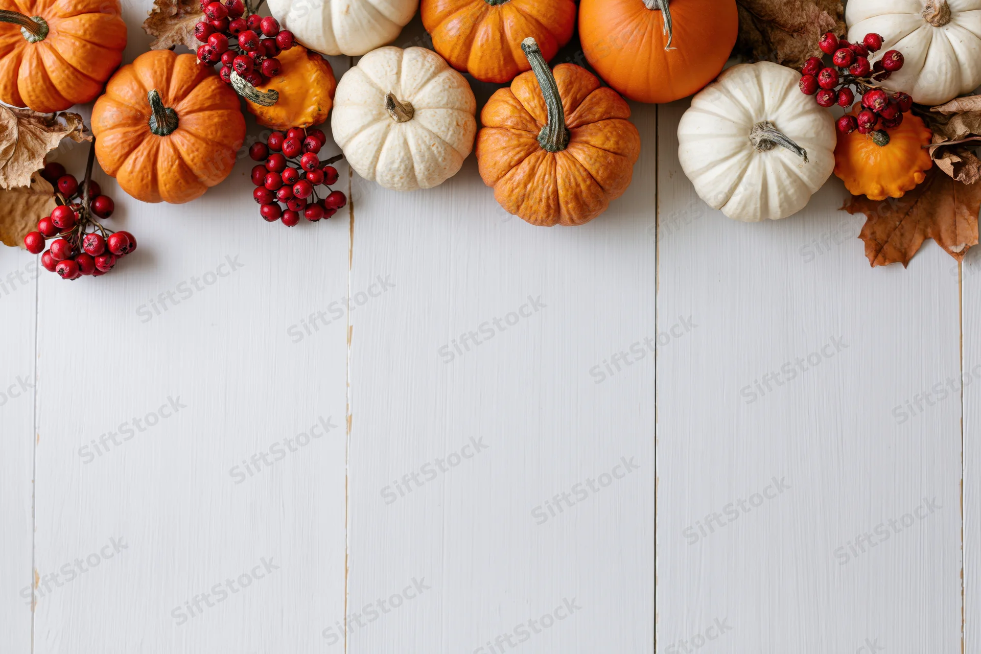 Autumn pumpkins and berries arranged along top of white wooden table with copyspace below