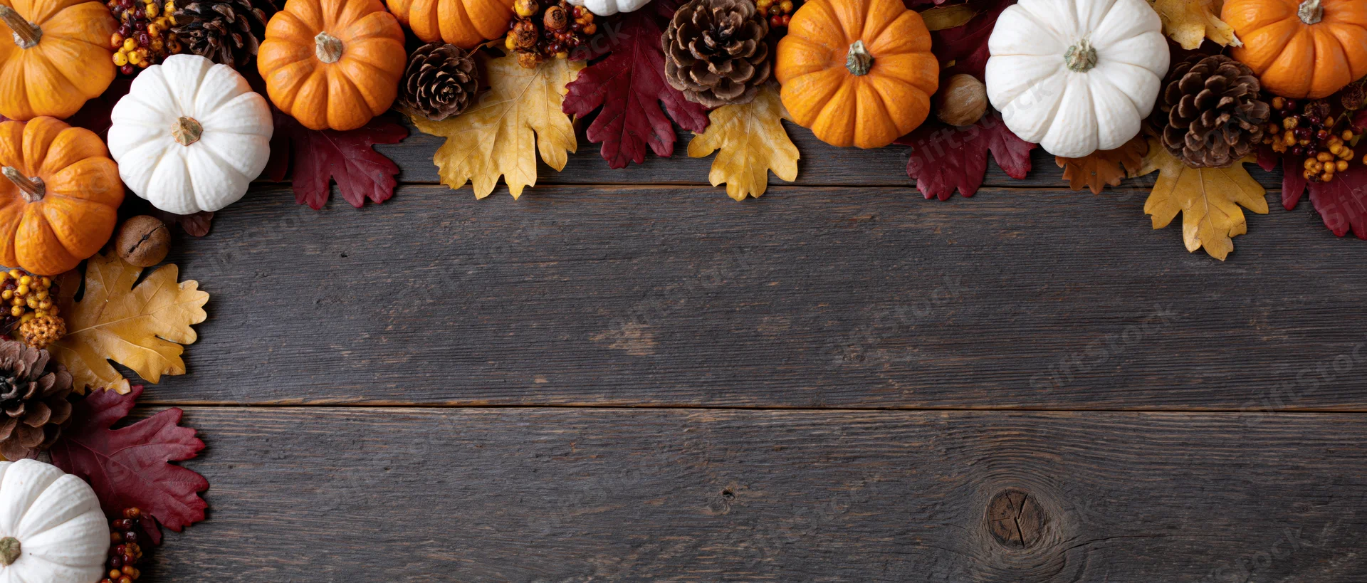 Autumn harvest flat lay with small orange and white pumpkins, pinecones, and fall leaves arranged along the top of a dark wooden table, leaving copyspace below