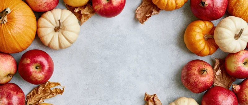 Autumn harvest flatlay with pumpkins and apples arranged in a border frame on a gray surface