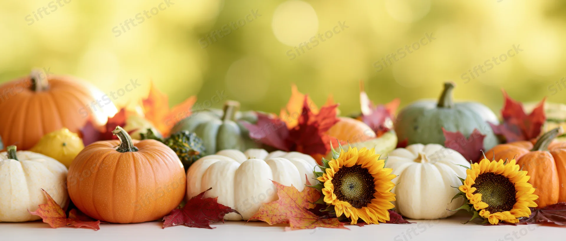 Autumn harvest still life with pumpkins, sunflowers and leaves arranged on a table