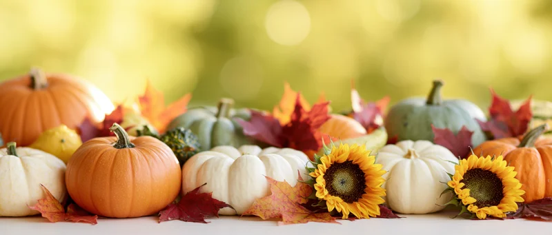 Autumn harvest still life with pumpkins, sunflowers and leaves arranged on a table