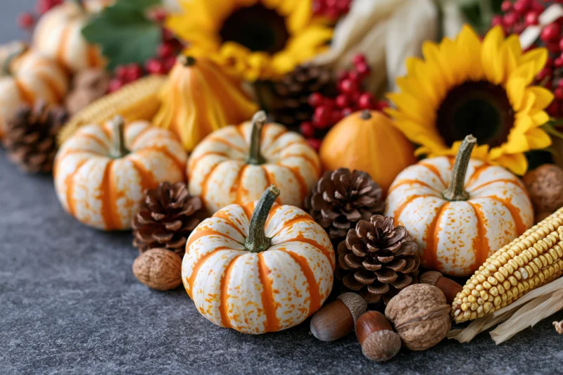 Autumn harvest still life with pumpkins, corn, sunflowers and pinecones arranged on dark stone surface